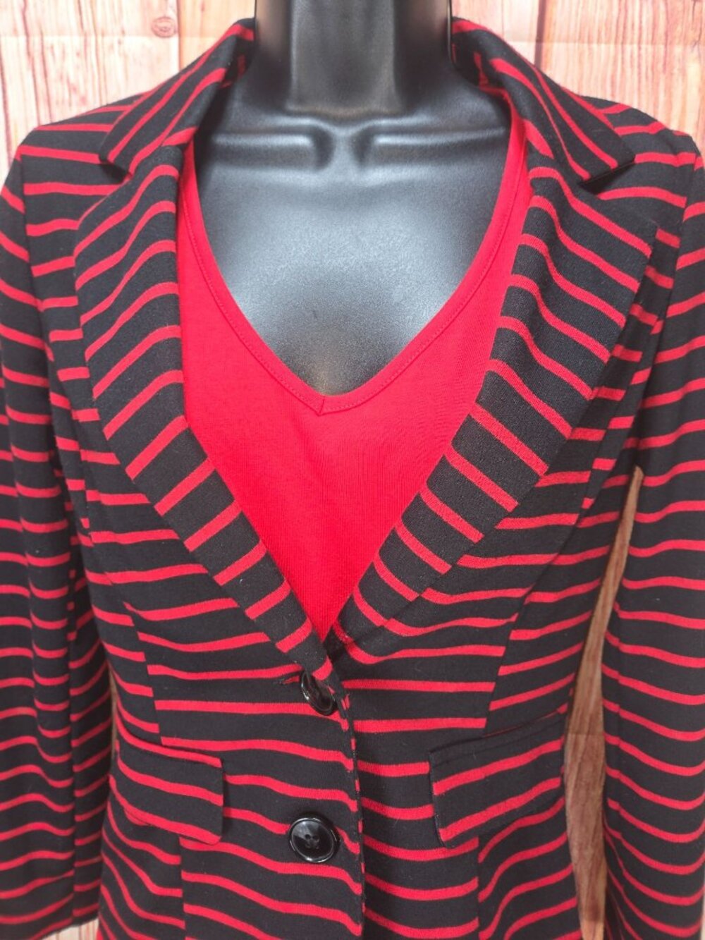 Stooshy Womens XS Black & Red Striped Blazer - Button Front Long Sleeve